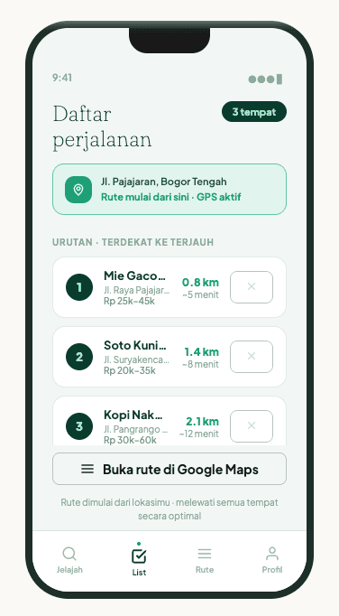 Trip list — stop order, ETA, open your route in Google Maps